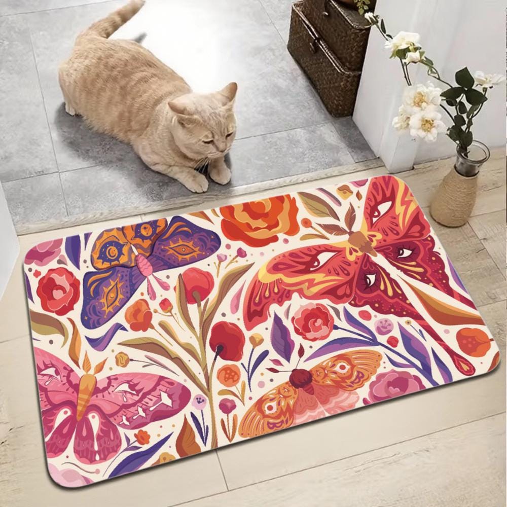 Boho Moth Floral Floor Mat – Non-Slip Rose Rug