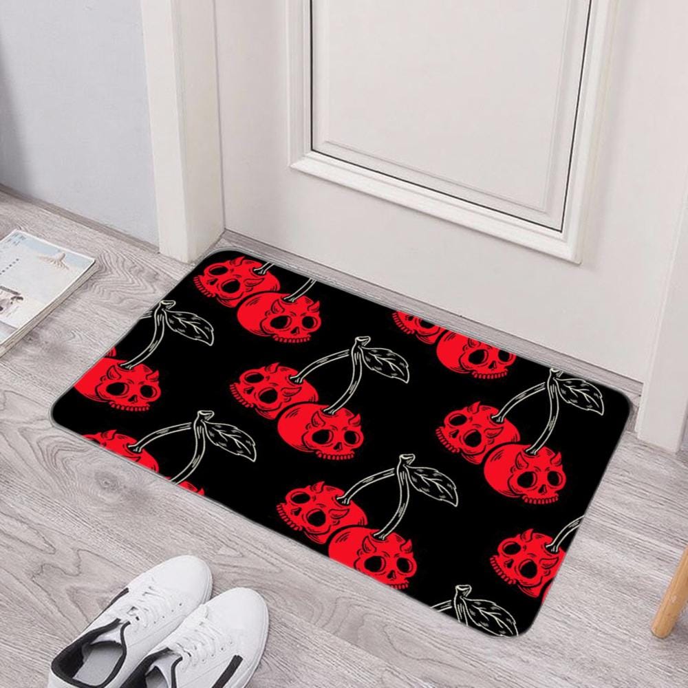 Red Skull Cherry Floor Mat, Gothic Punk Accent Rug