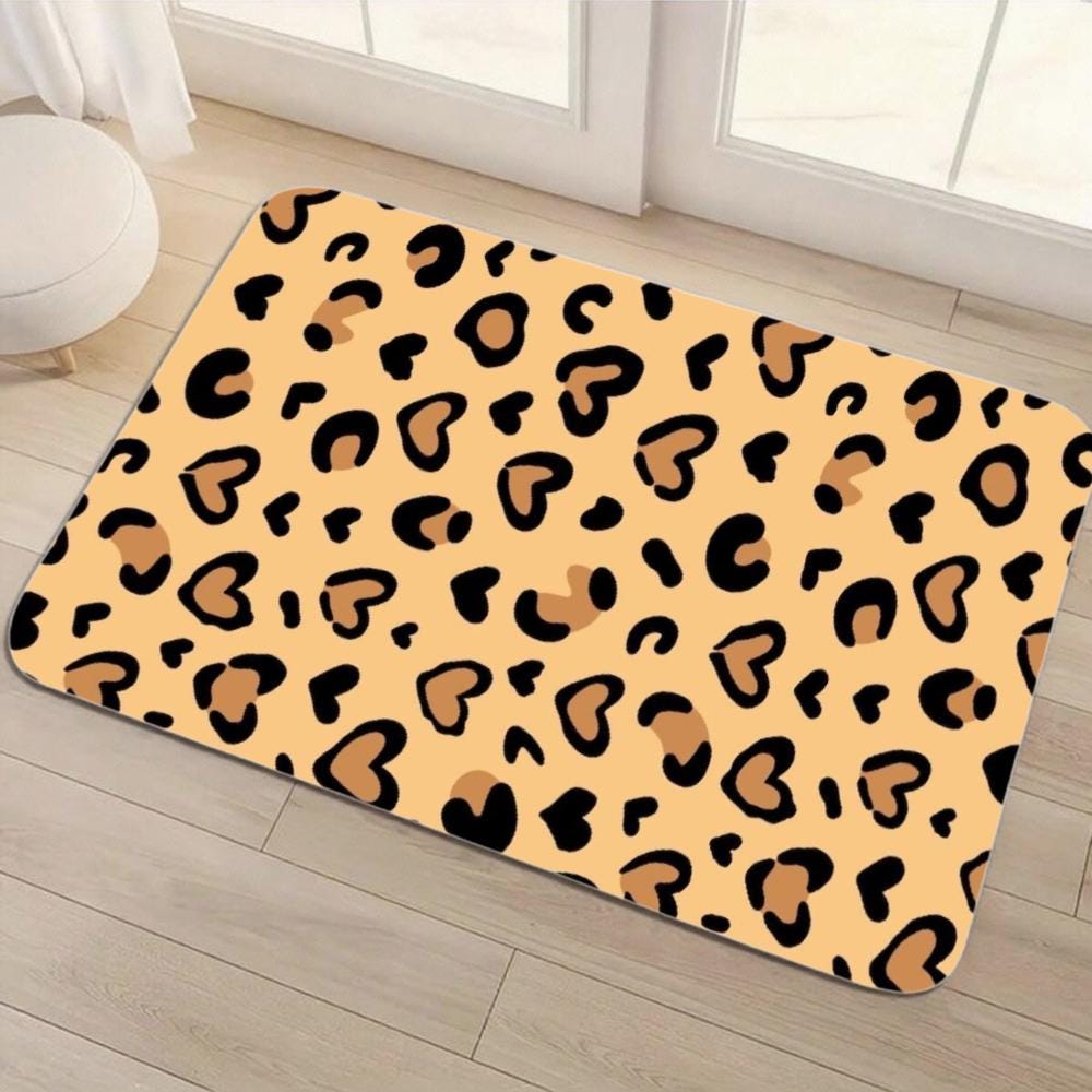 Leopard Heart Print Floor Mat – Non-Slip Beige Animal Rug