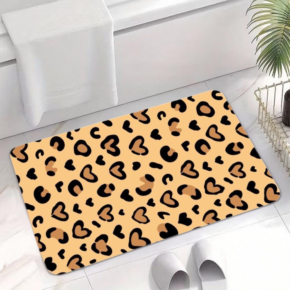 Leopard Heart Print Floor Mat – Non-Slip Beige Animal Rug