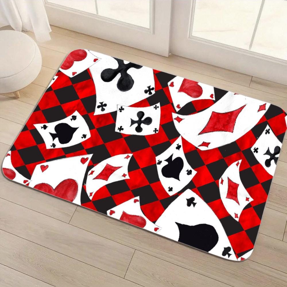 Red & Black Playing Cards Floor Mat – Checkerboard Poker Rug
