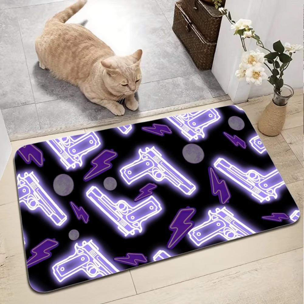 Neon Purple Gun Pattern Floor Mat — Glowing Pistol & Moon Rug, Non-Slip Door Mat for Home, Kitchen, Bath, Vaporwave Gothic Room Accent