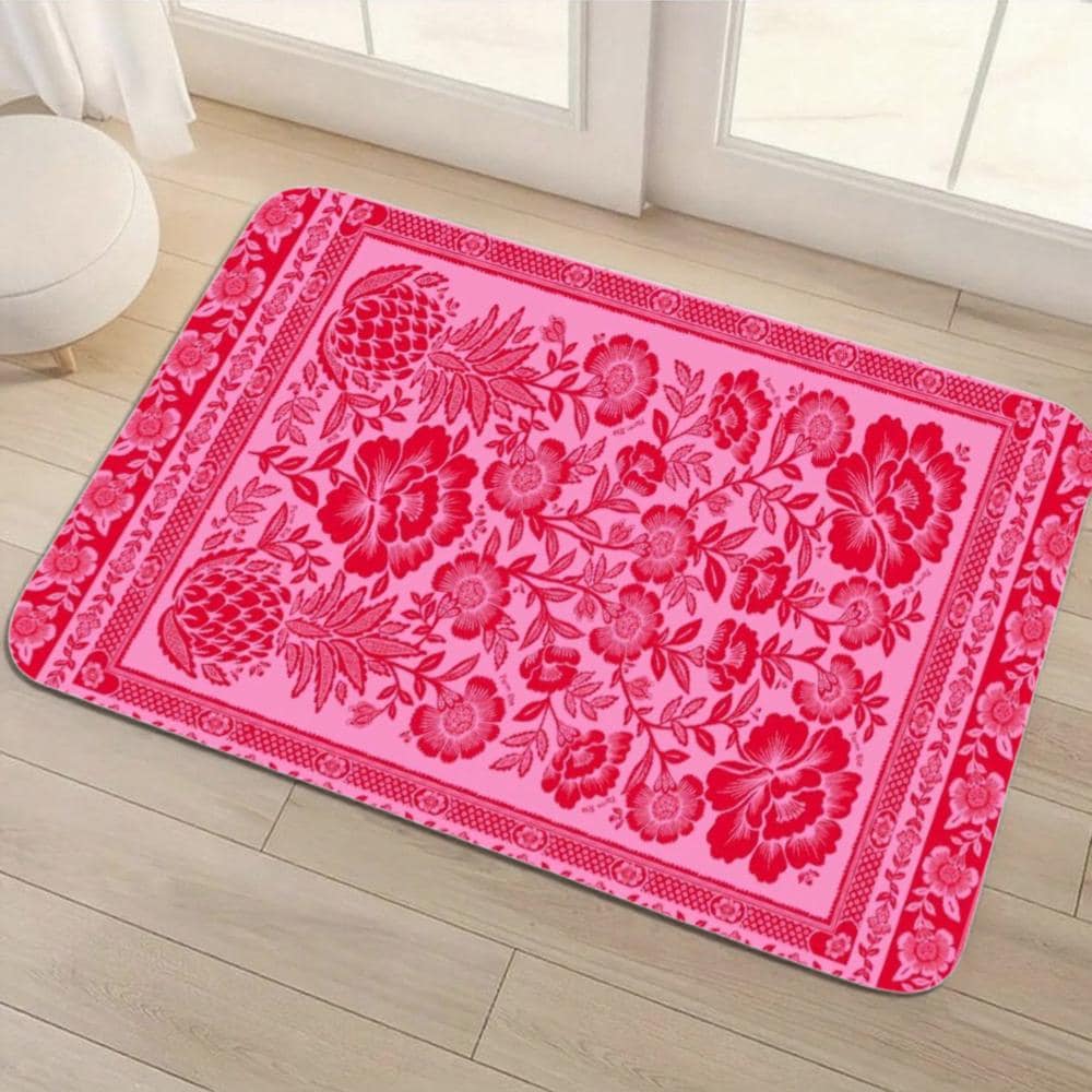 Vintage Pink Floral Bandana Floor Mat, Non-Slip Rubber Backing
