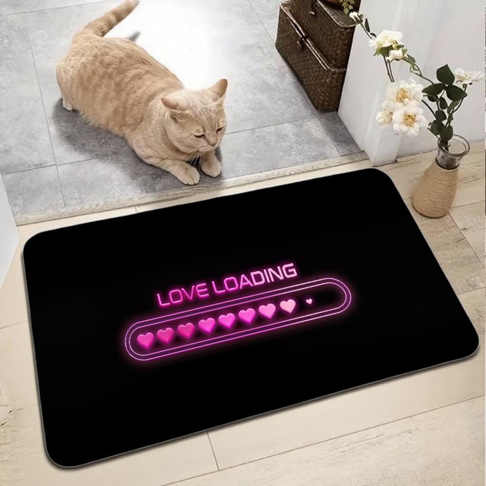 Love Loading Doormat – Pink Neon Heart Progress Bar, Non-Slip Entryway Rug