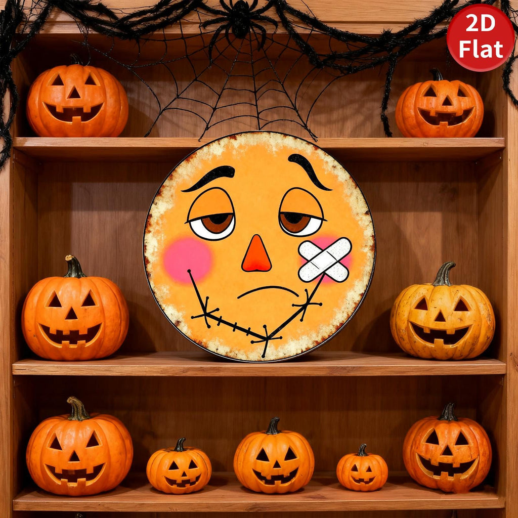 Pumpkin Face Metal Sign - Stitched Mouth, Bandage - Halloween Decor