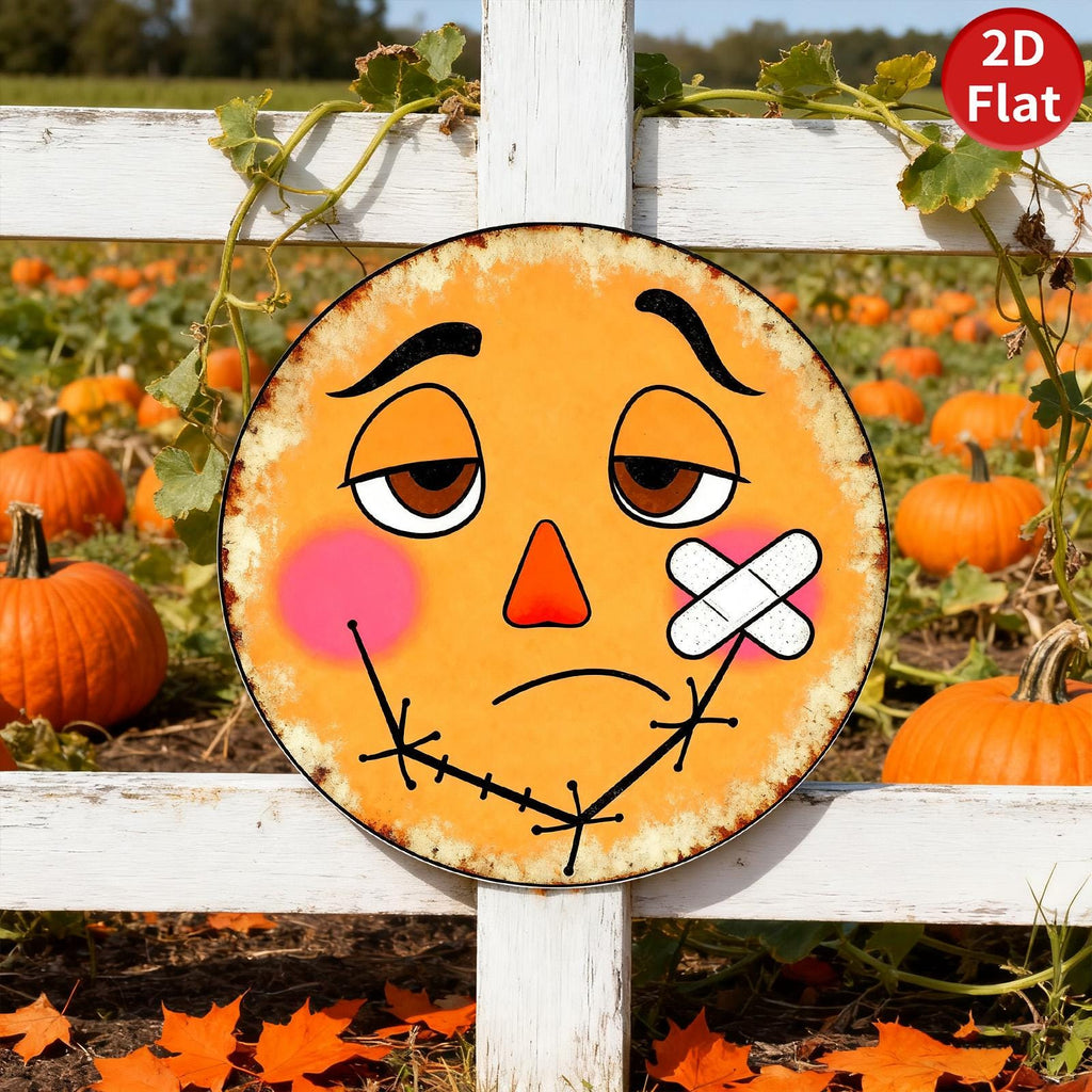 Pumpkin Face Metal Sign - Stitched Mouth, Bandage - Halloween Decor