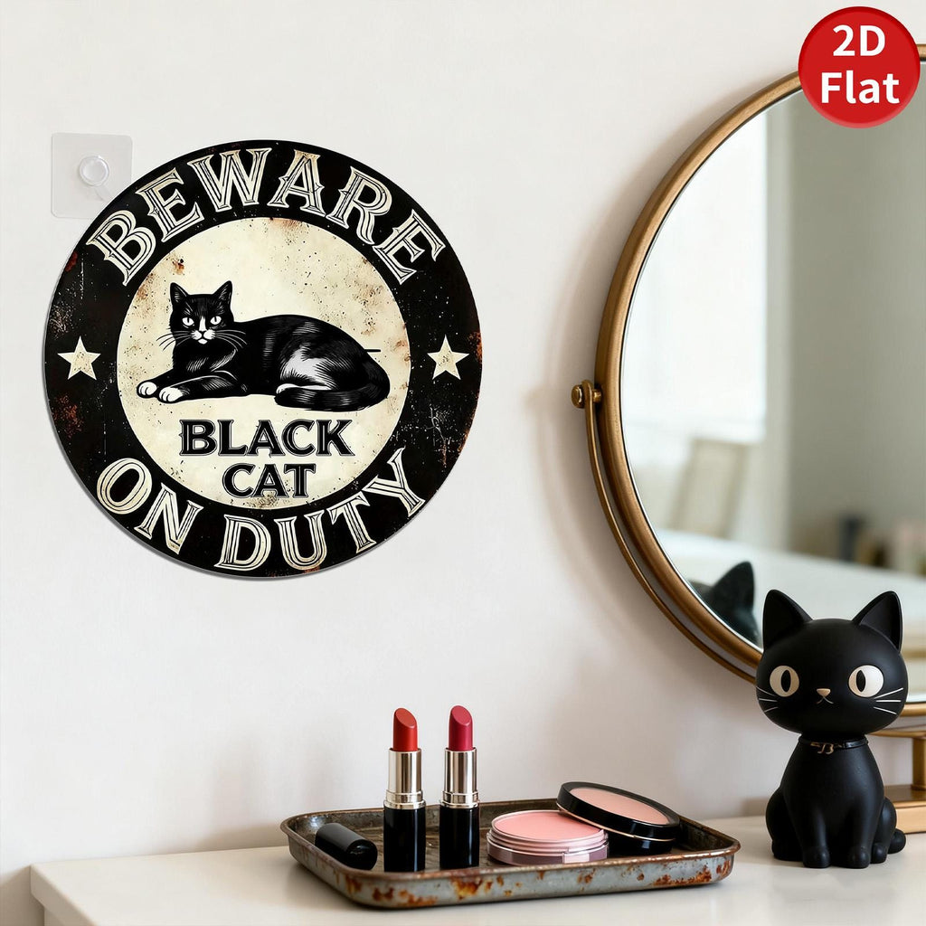 Beware of Black Cat On Duty Metal Sign, Whimsical Gothic Decor