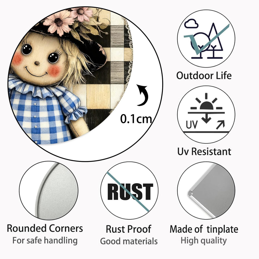 Rag Doll Metal Tin Sign, Blue Checkered Farmhouse Wall Art