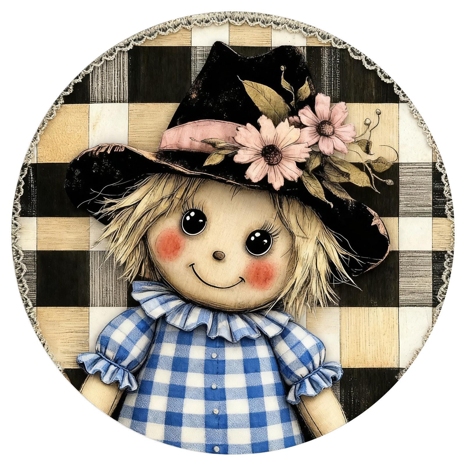 Rag Doll Metal Tin Sign, Blue Checkered Farmhouse Wall Art