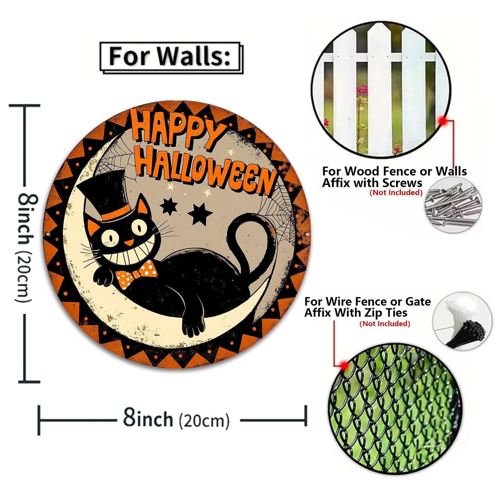 Vintage Halloween Tin Sign, Black Cat Art, Spooky Home Decor