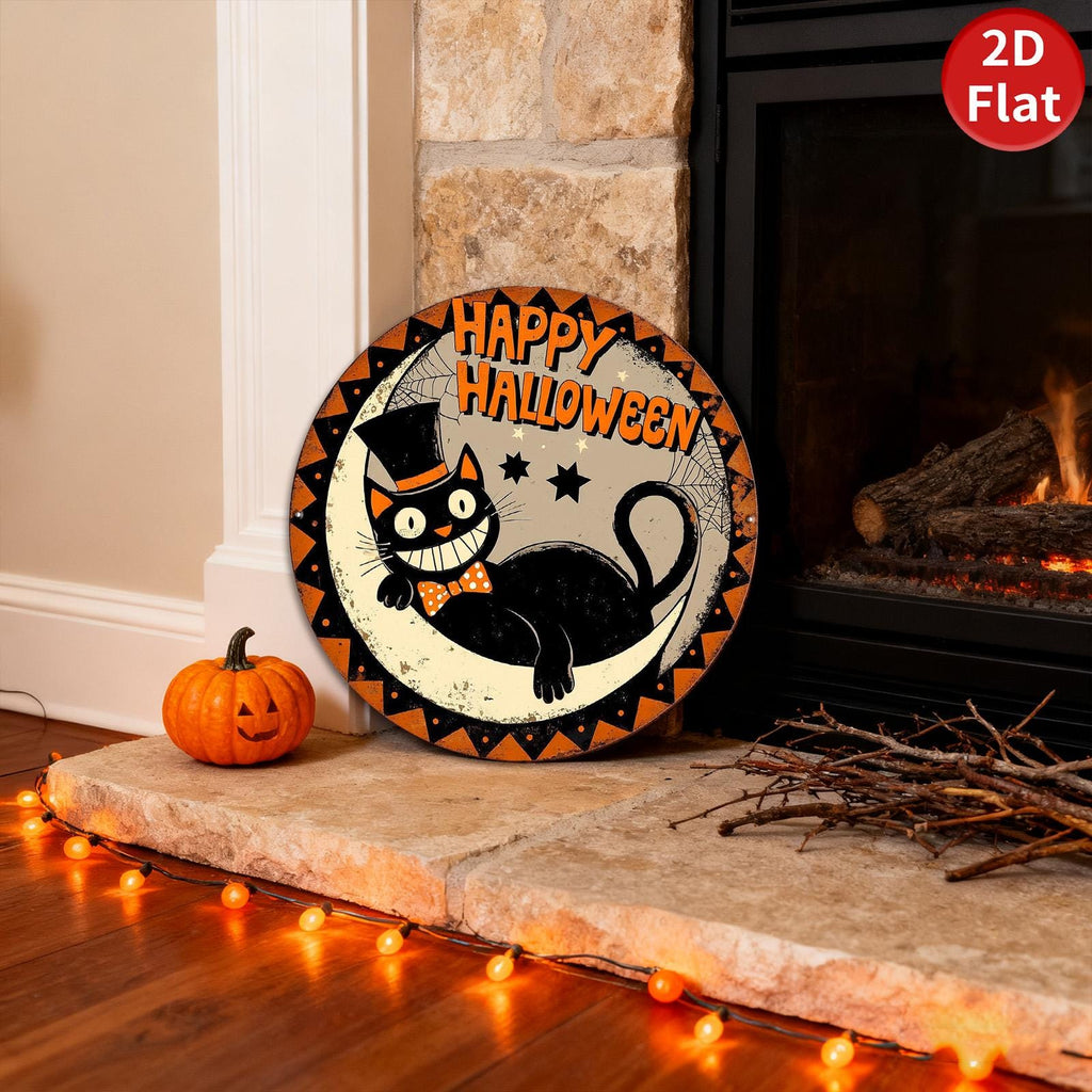 Vintage Halloween Blechschild, Schwarze Katze Kunst, Gruselige Heimdekoration