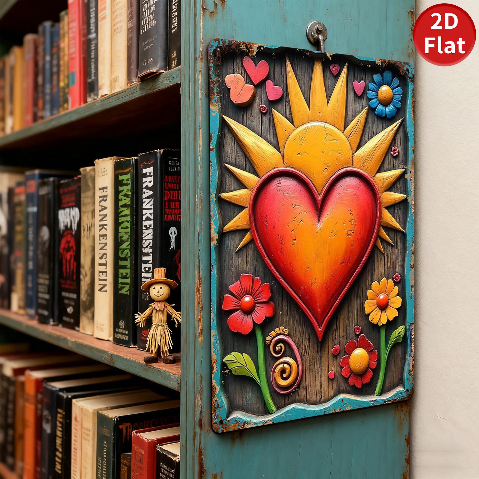 Rustic Sunflower Heart Metal Tin Sign, Floral Wall Art