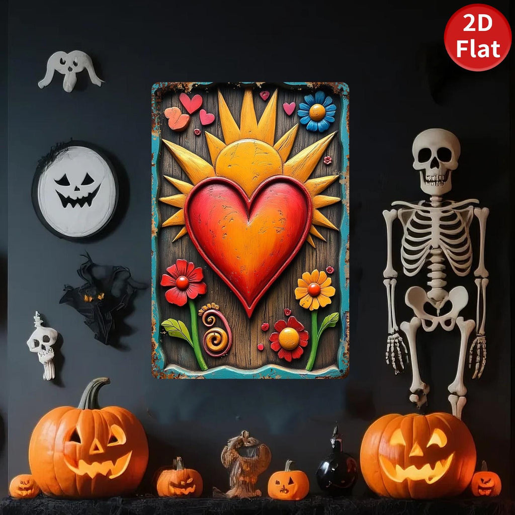 Rustic Sunflower Heart Metal Tin Sign, Floral Wall Art