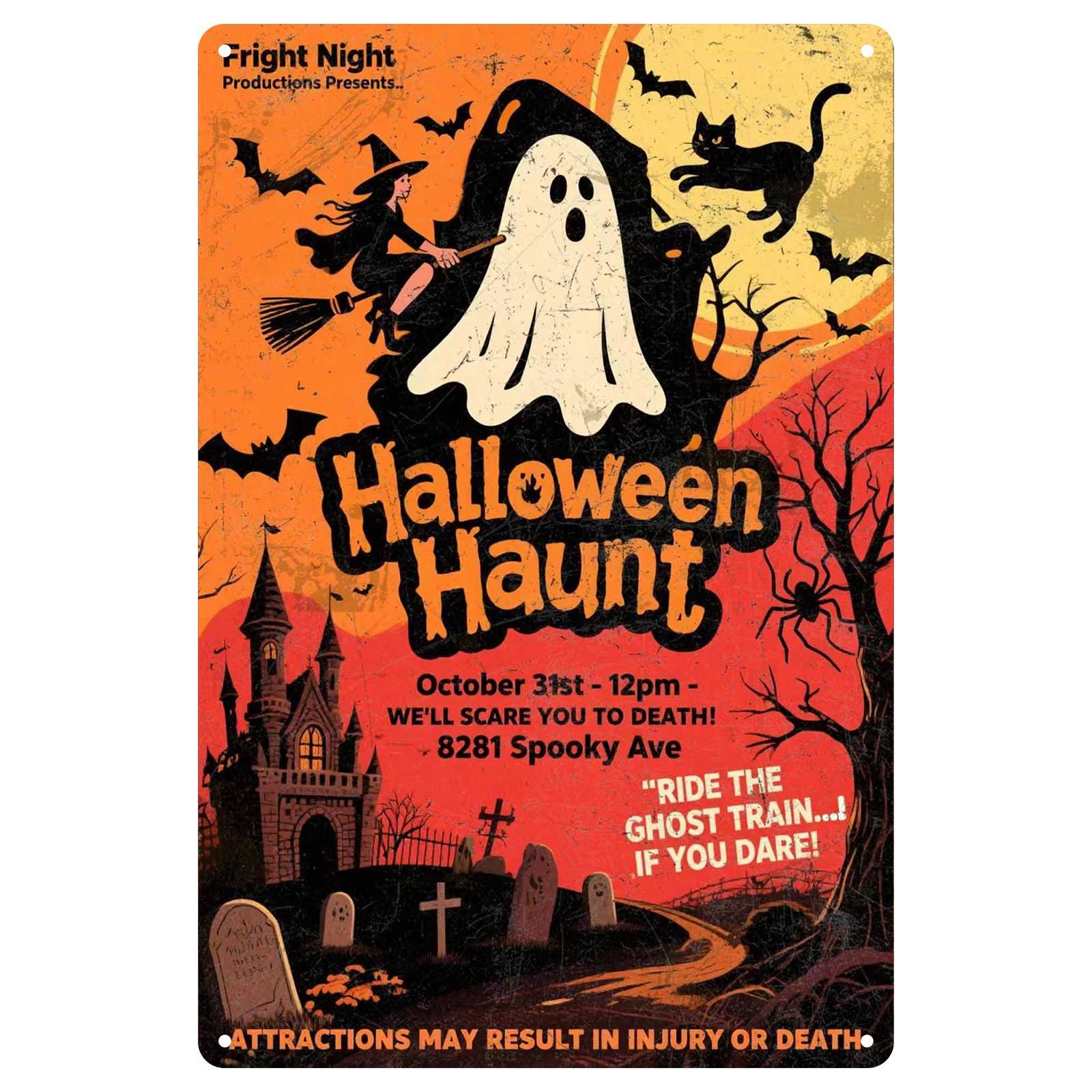 Vintage Halloween Haunt Tin Sign, Spooky Ghost & Castle Decor
