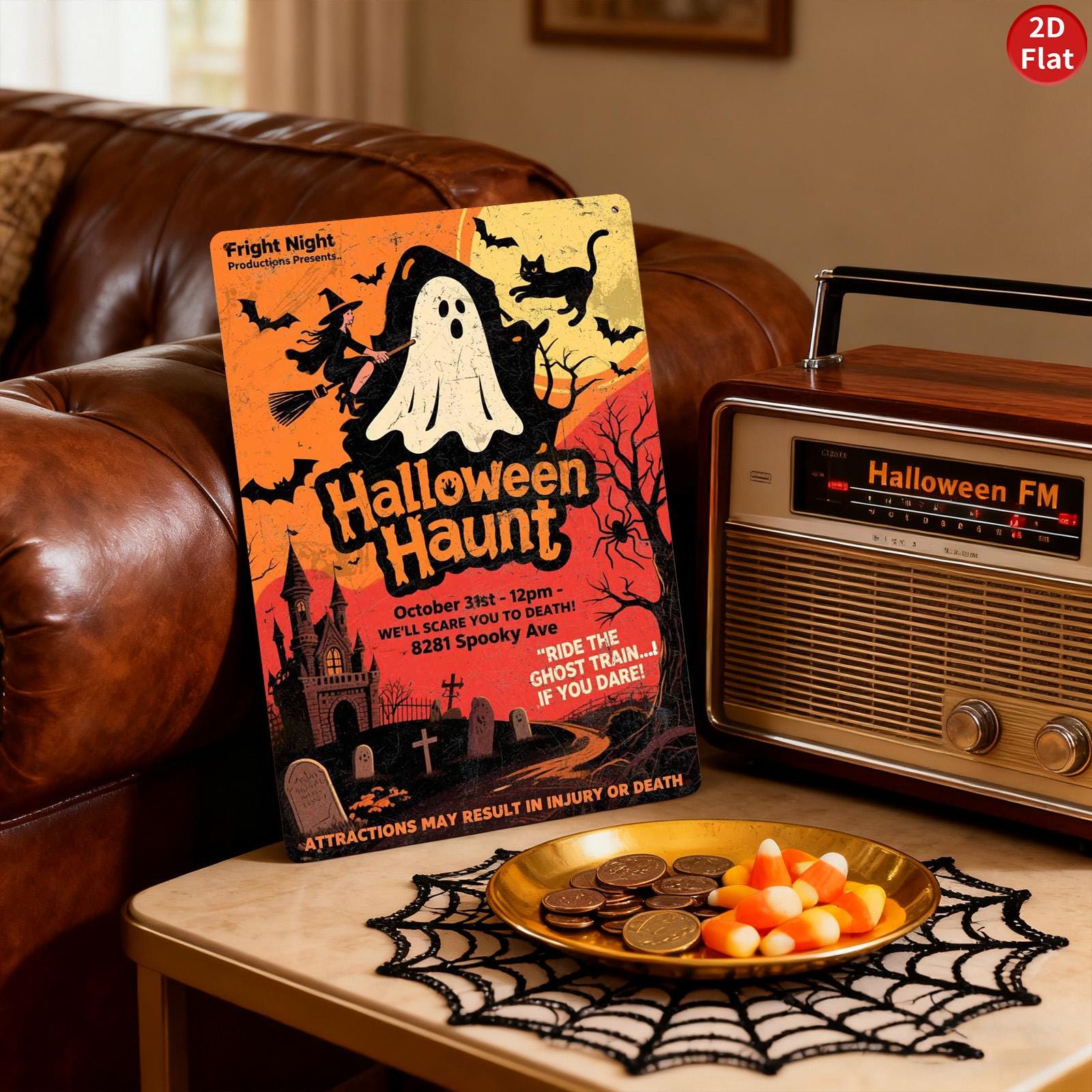 Vintage Halloween Haunt Tin Sign, Spooky Ghost & Castle Decor