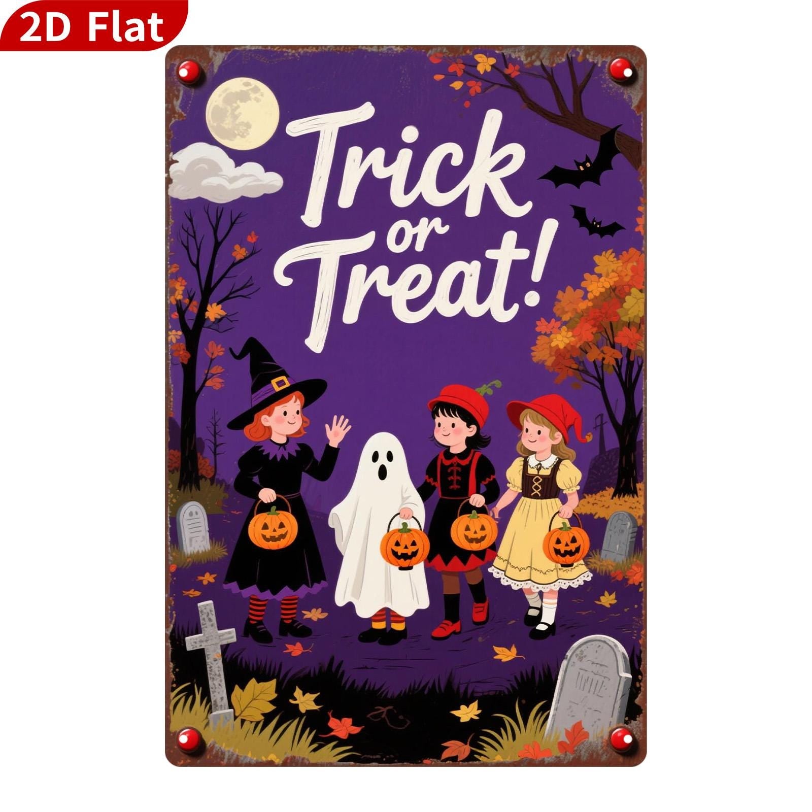 Halloween Metal Sign: Trick or Treat, Witch, Ghost, Children