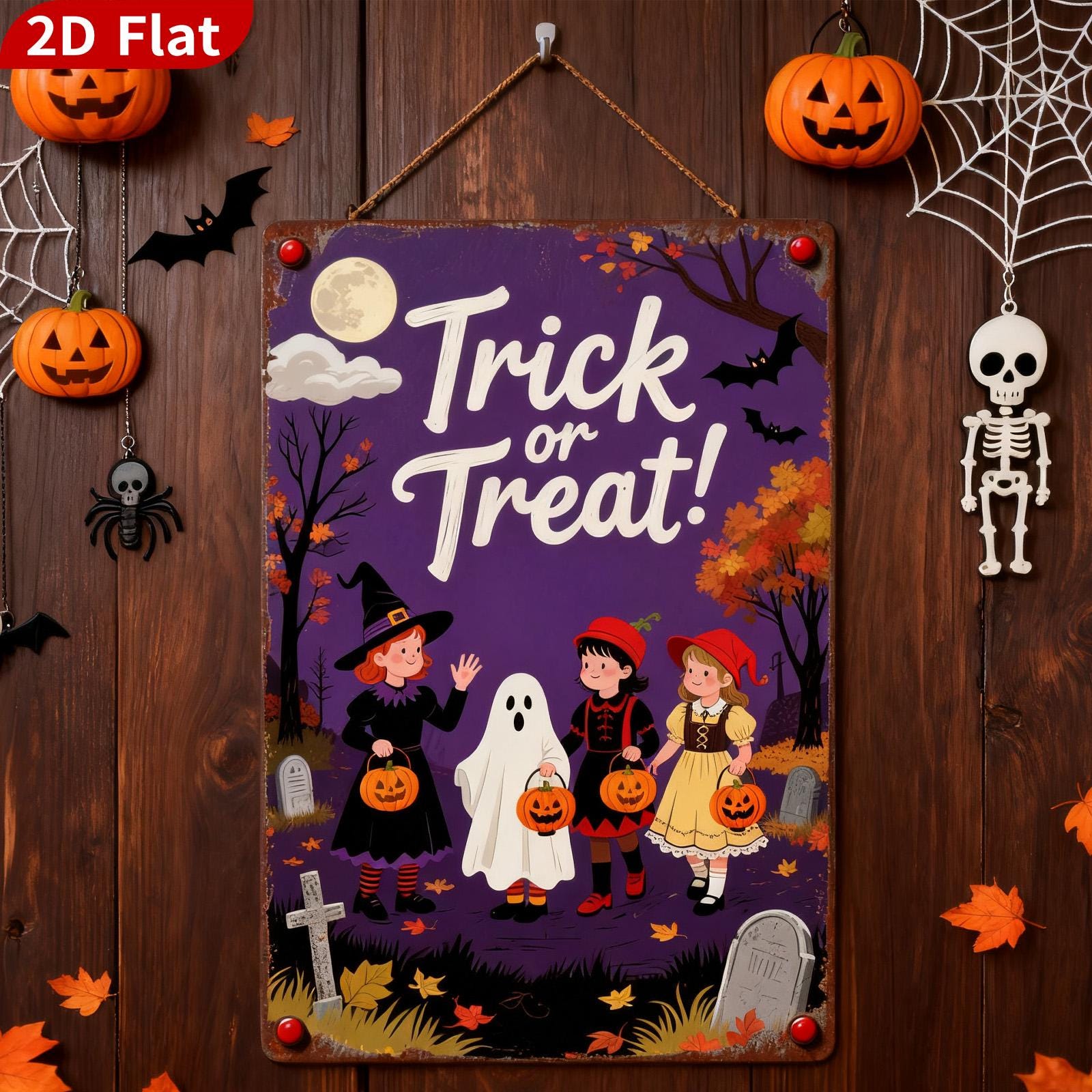 Halloween Metal Sign: Trick or Treat, Witch, Ghost, Children