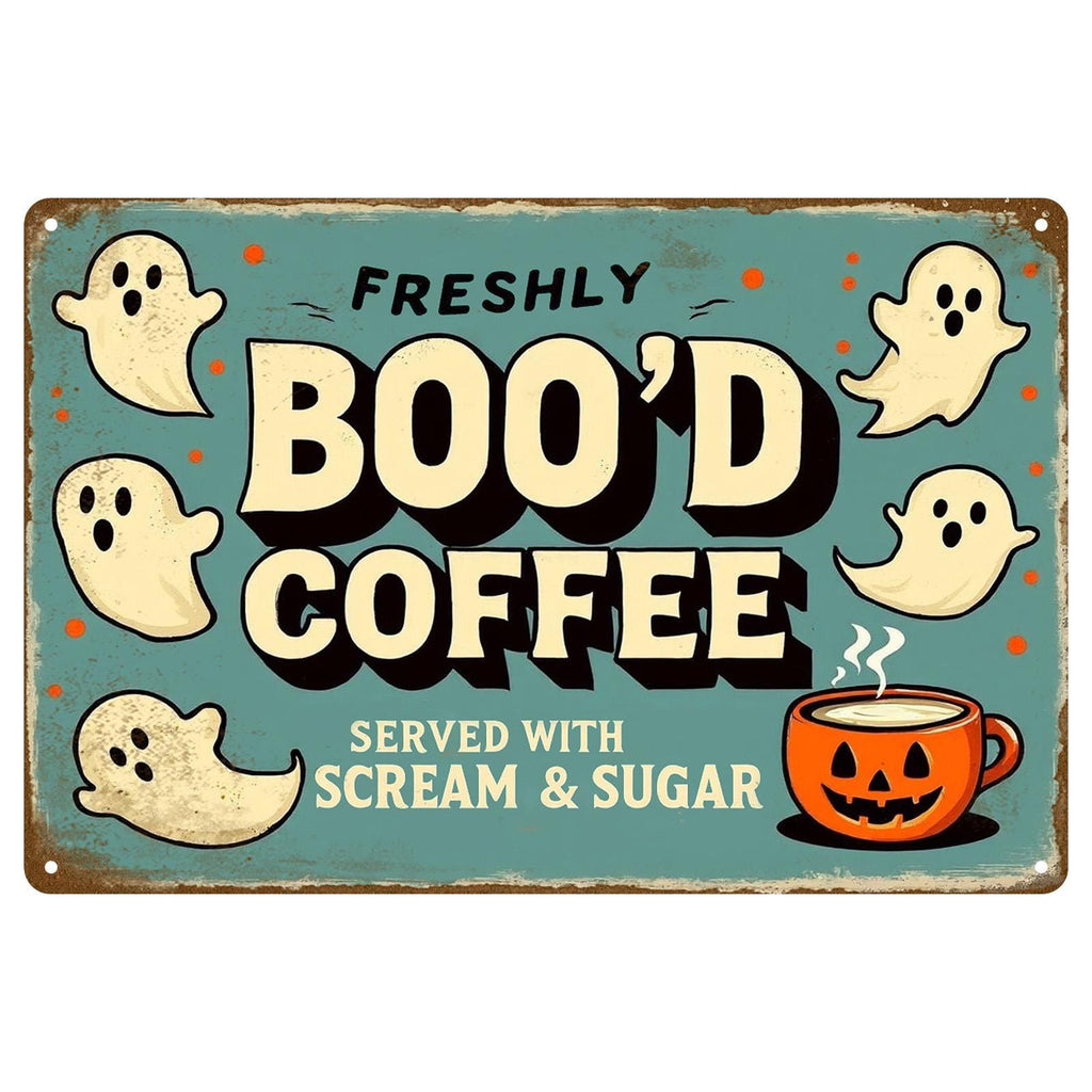 Vintage Halloween Metal Sign, Boo'd Coffee, Ghost & Pumpkin Design