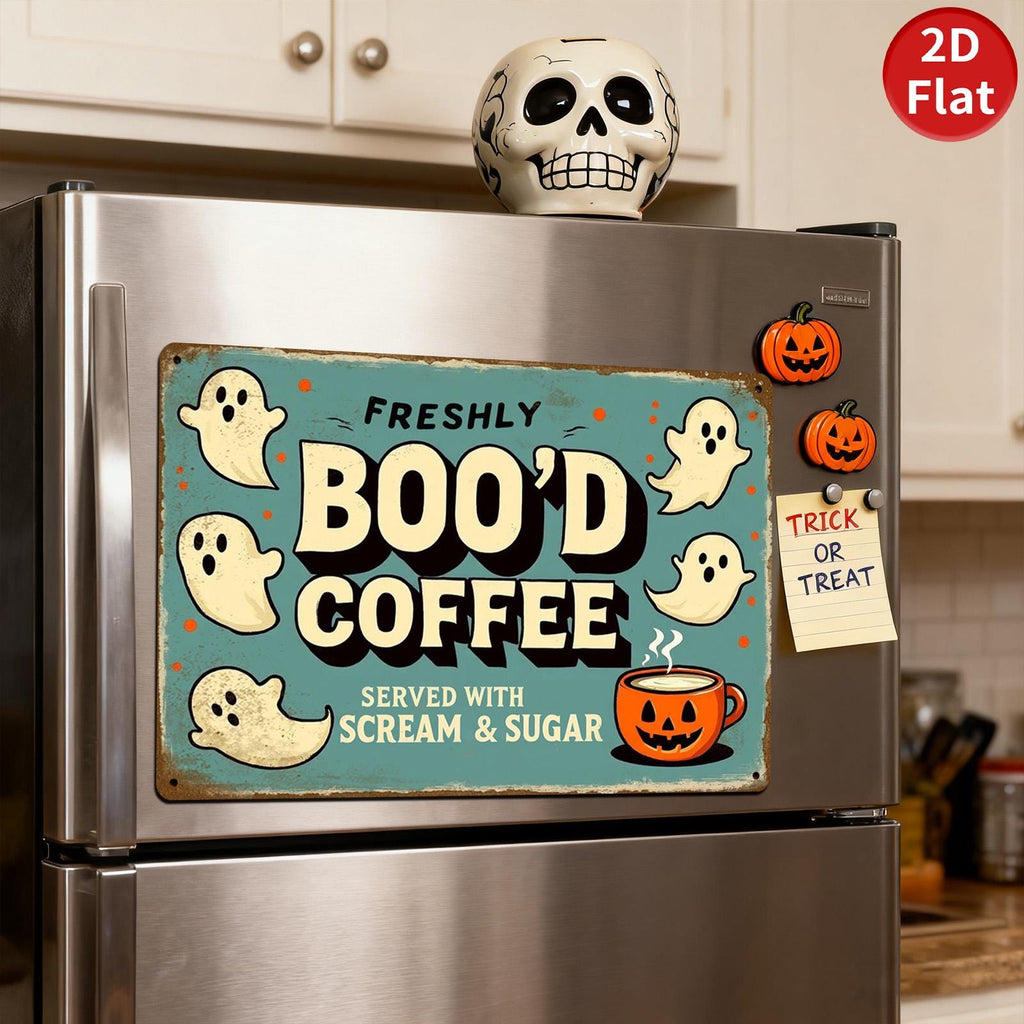 Vintage Halloween Metal Sign, Boo'd Coffee, Ghost & Pumpkin Design