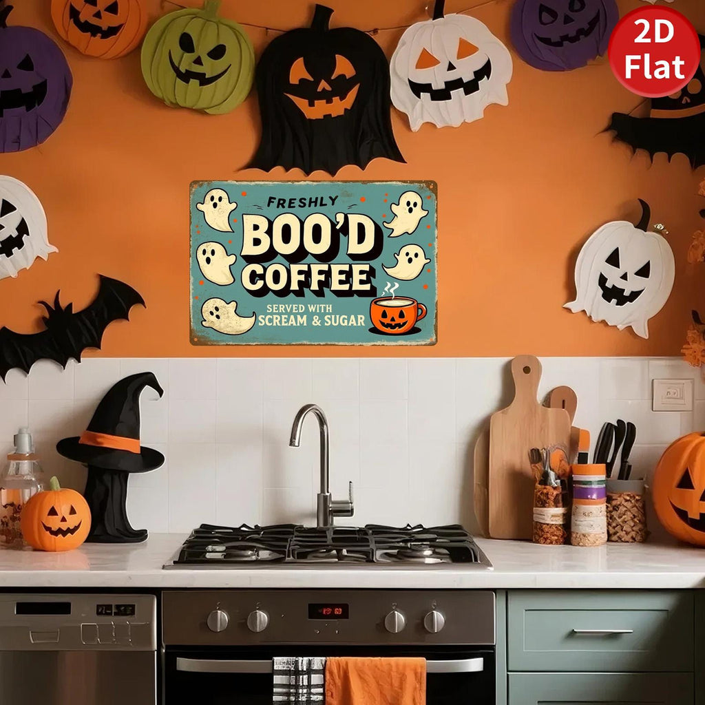 Vintage Halloween Metal Sign, Boo'd Coffee, Ghost & Pumpkin Design