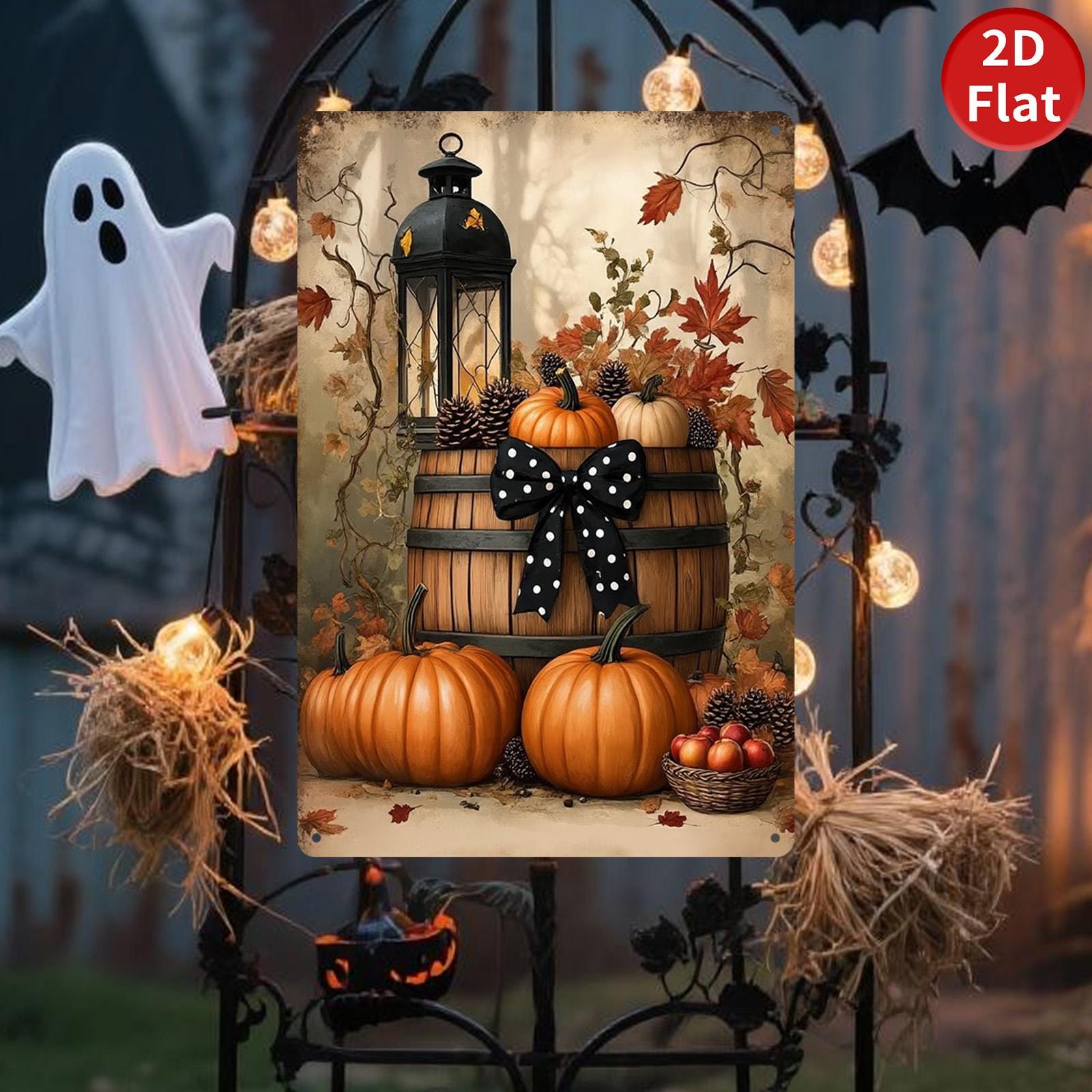 Fall Pumpkin Barrel Metal Sign, Polka Dot Bow Decor