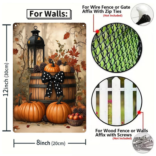 Panneau métallique baril citrouille d'automne, décor nœud à pois