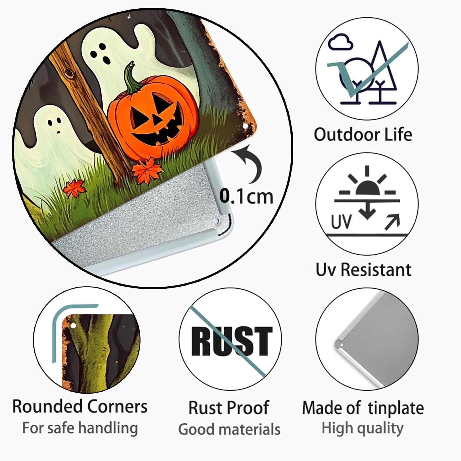 Halloween Metal Sign: Spooky Black Cat, Ghosts, and Pumpkin