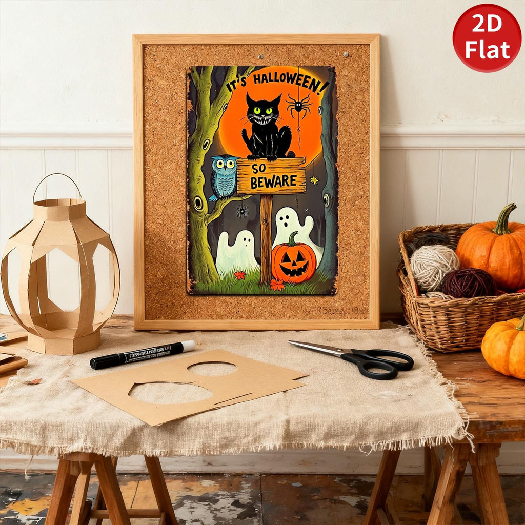 Halloween Metal Sign: Spooky Black Cat, Ghosts, and Pumpkin