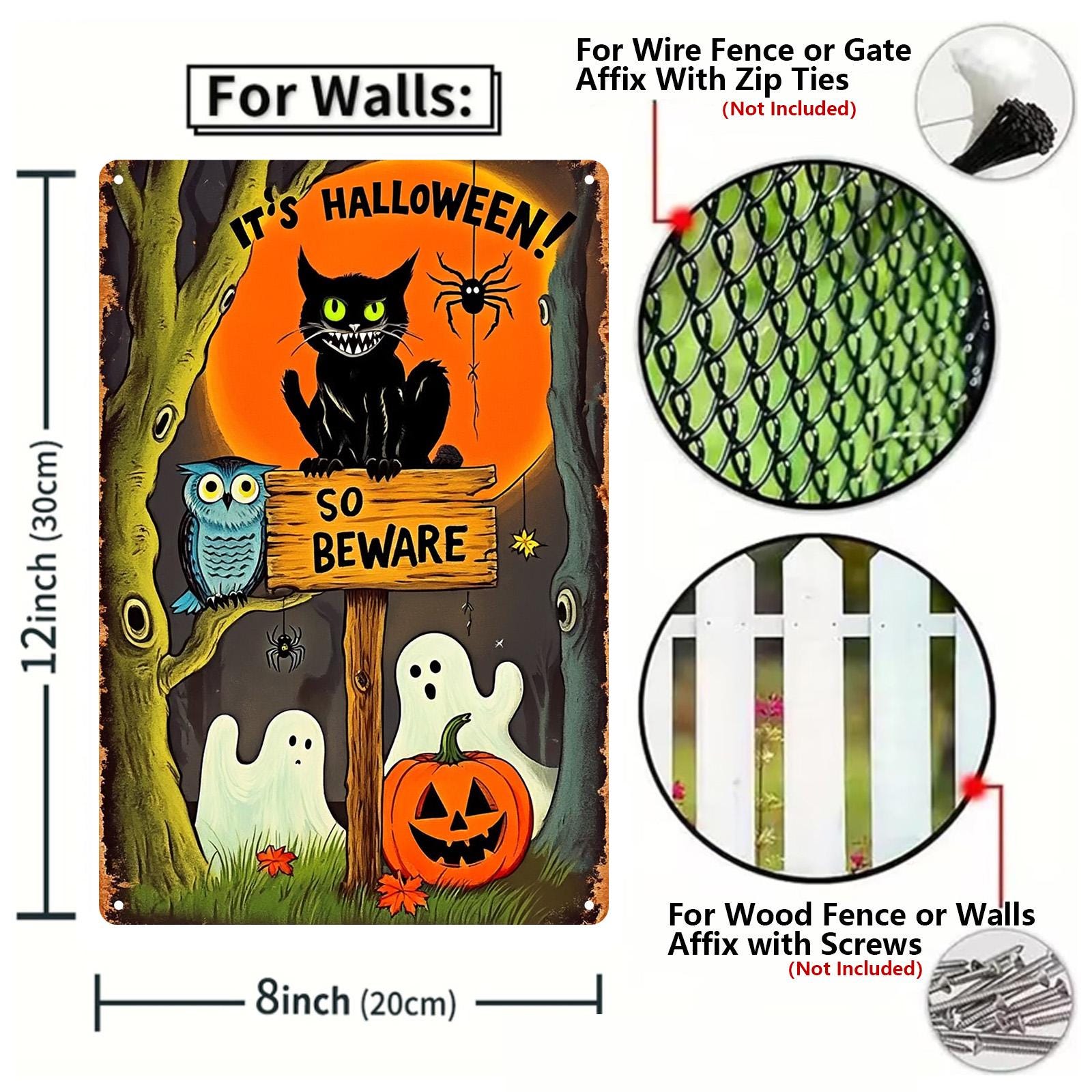 Halloween Metal Sign: Spooky Black Cat, Ghosts, and Pumpkin