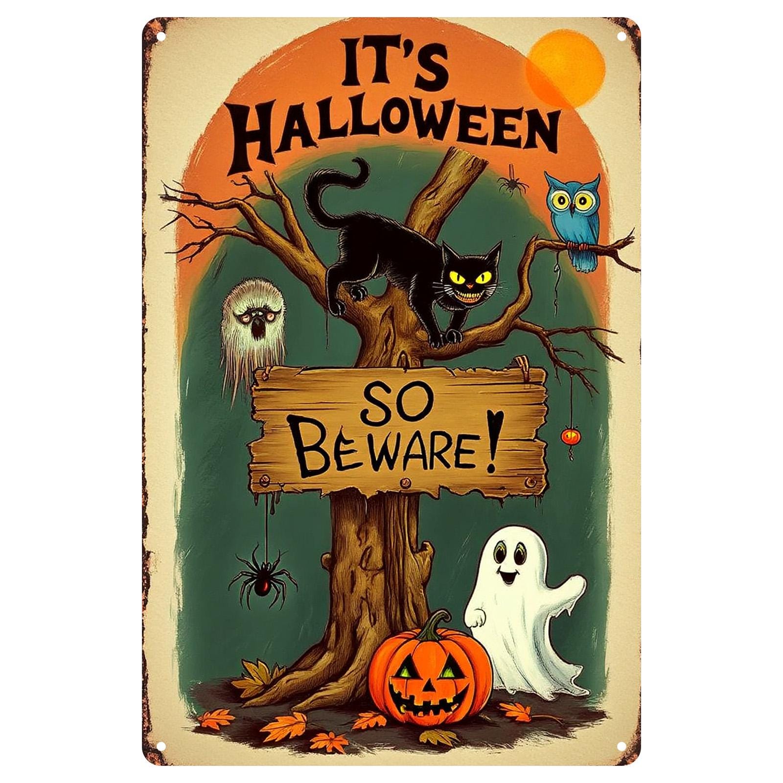 Rustic Halloween Metal Sign: Cat, Ghost, Owl, Pumpkin Decor