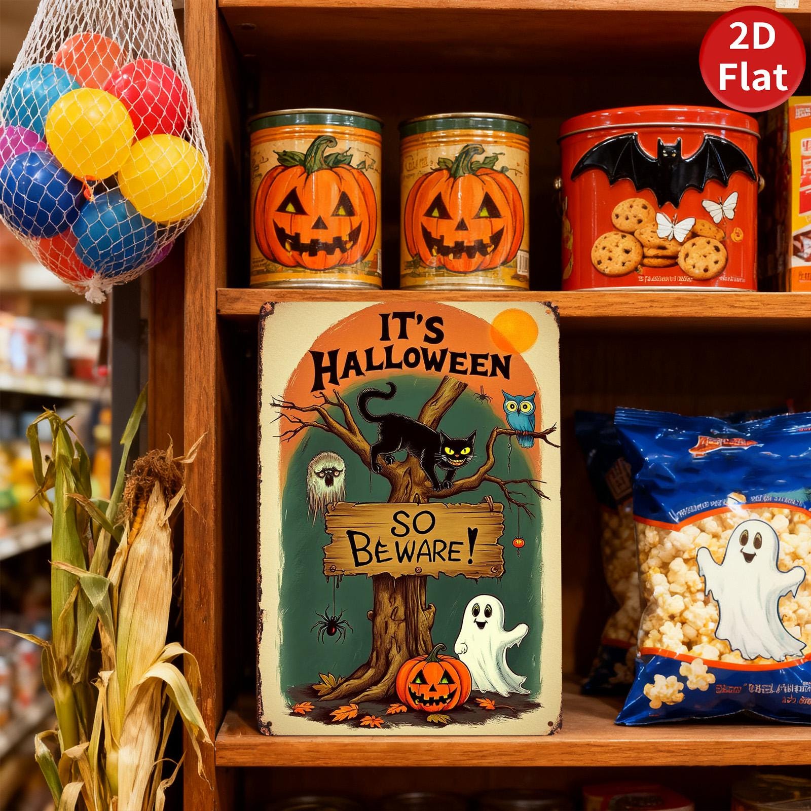 Rustic Halloween Metal Sign: Cat, Ghost, Owl, Pumpkin Decor