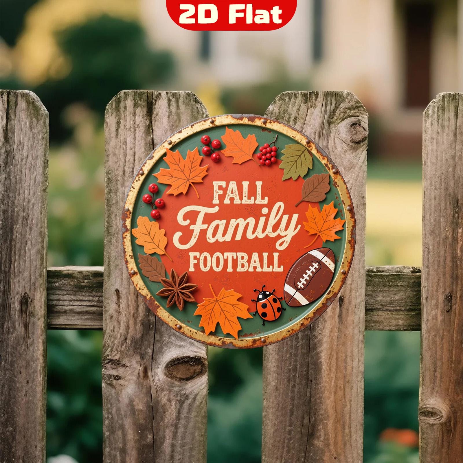 Fall Football Metal Sign: Rustic Autumn Leaves & Ladybug Decor