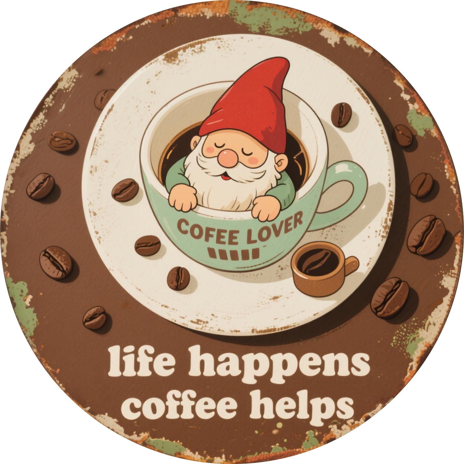 Rustic Gnome Coffee Metal Sign: Vintage Kitchen Cafe Wall Art