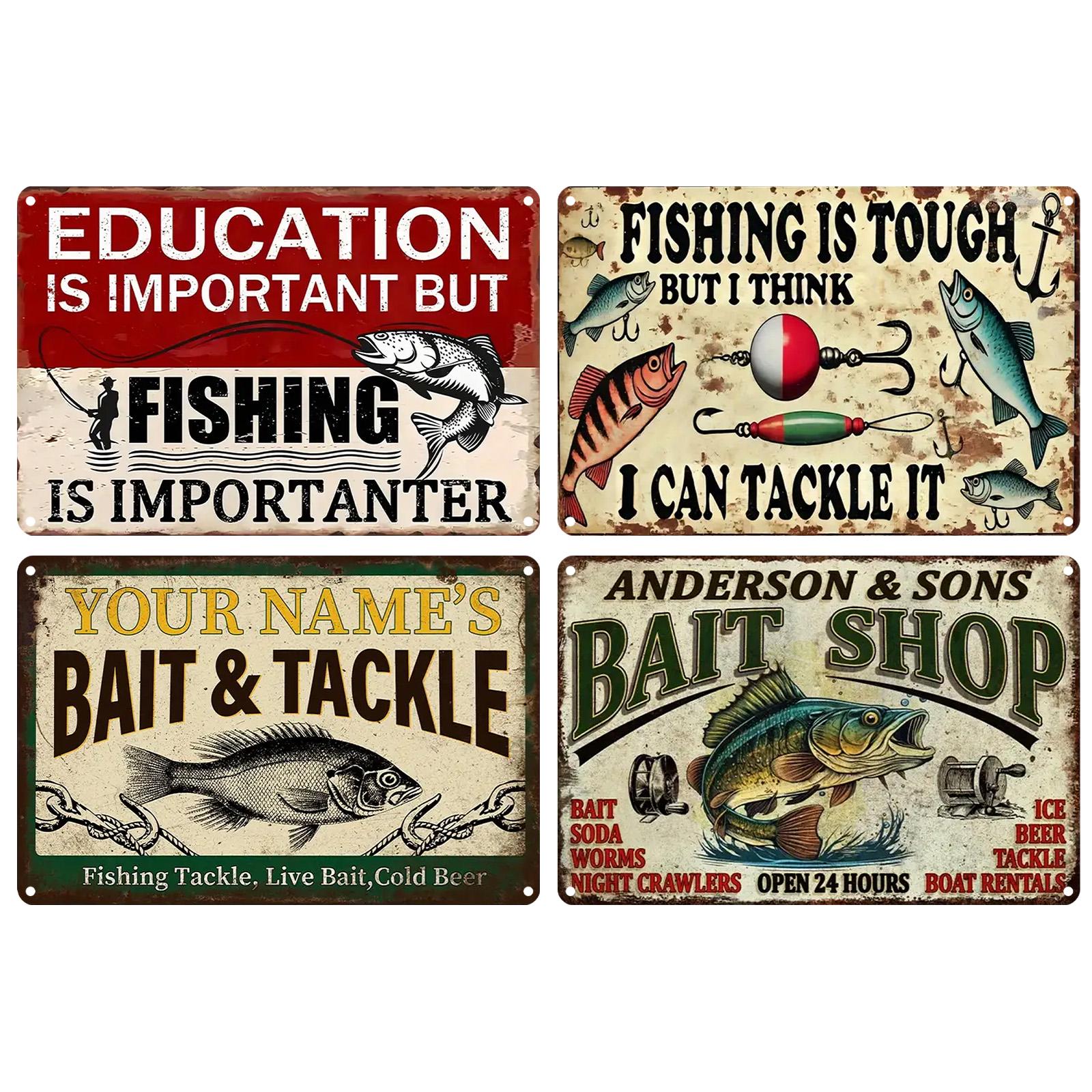 Vintage Fishing Metal Sign Set: Rustic Cabin Bar Garage Wall Decor
