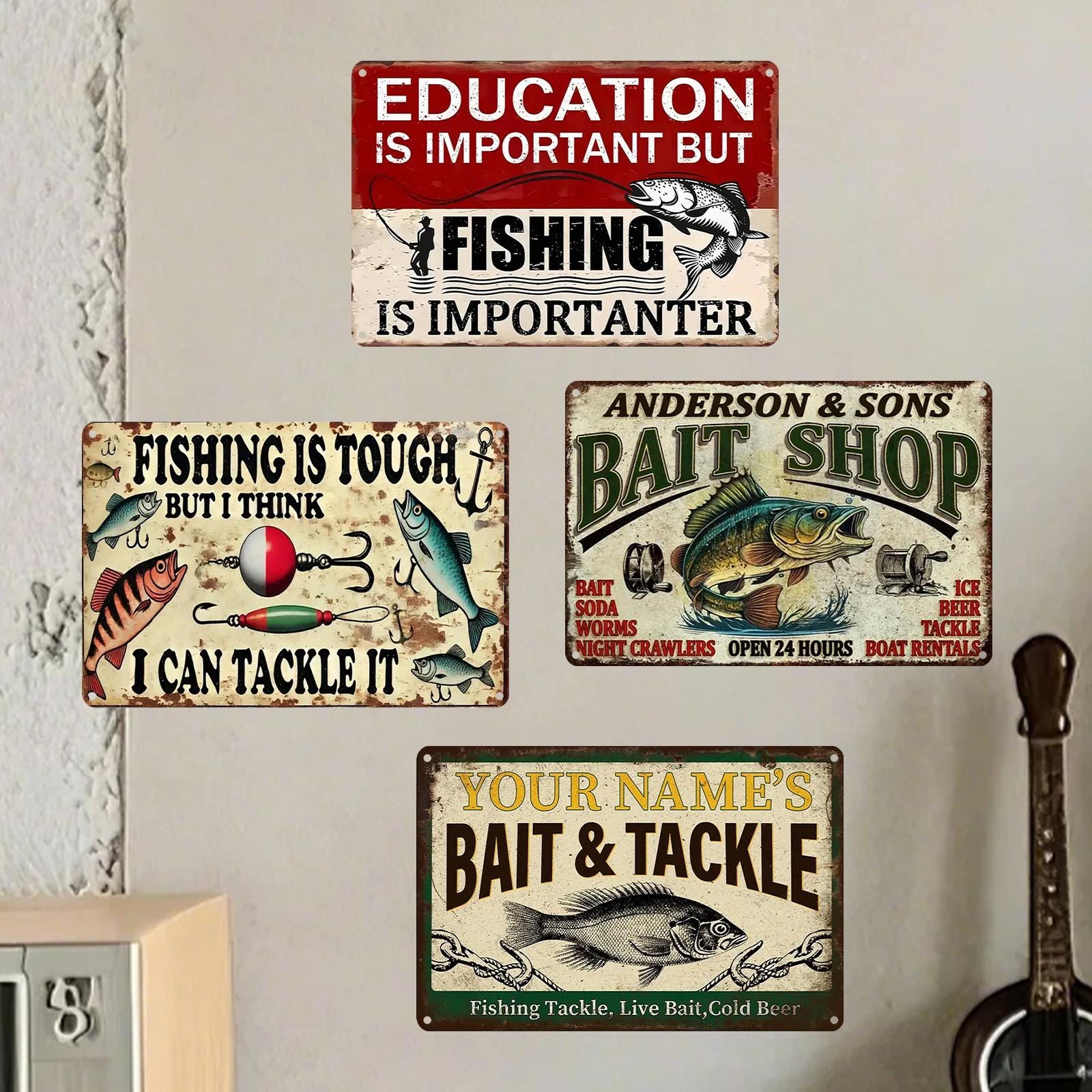 antique fishing lure signs Vintage Fishing Metal Sign Set