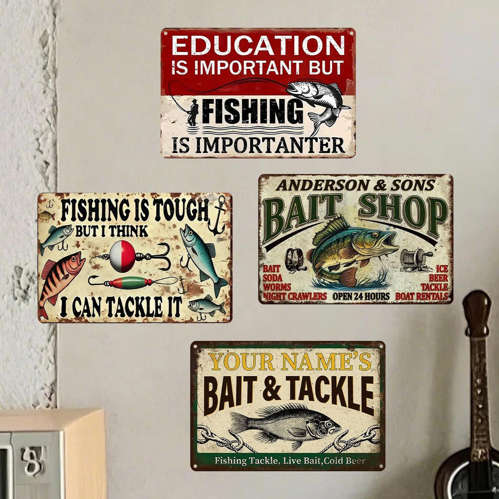 Lot de plaques métalliques décoratives vintage sur le thème de la pêche | Décoration murale rustique pour cabane, bar, garage
