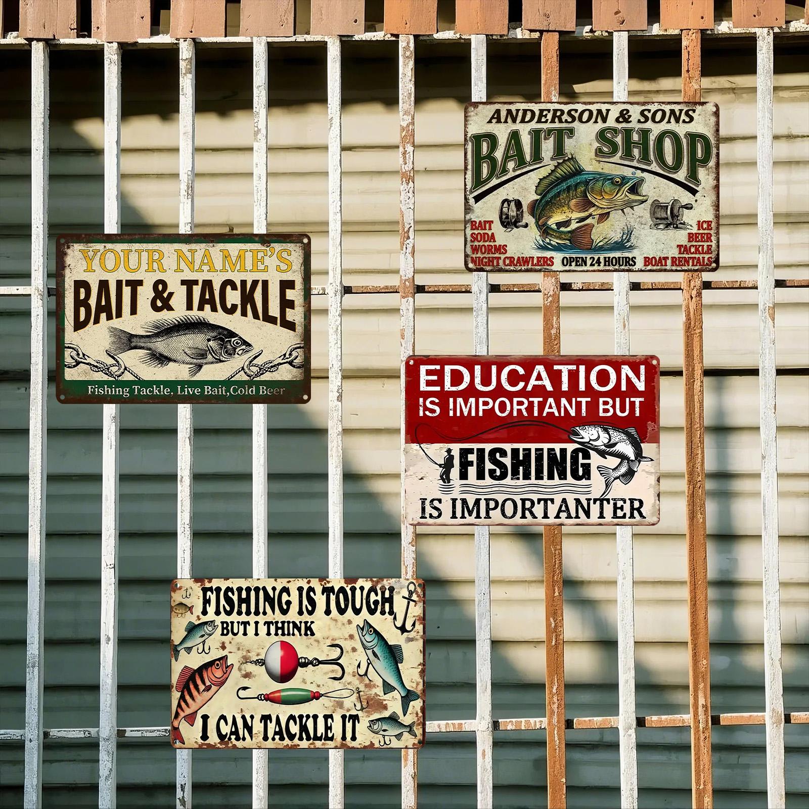 Vintage Fishing Metal Sign Set: Rustic Cabin Bar Garage Wall Decor
