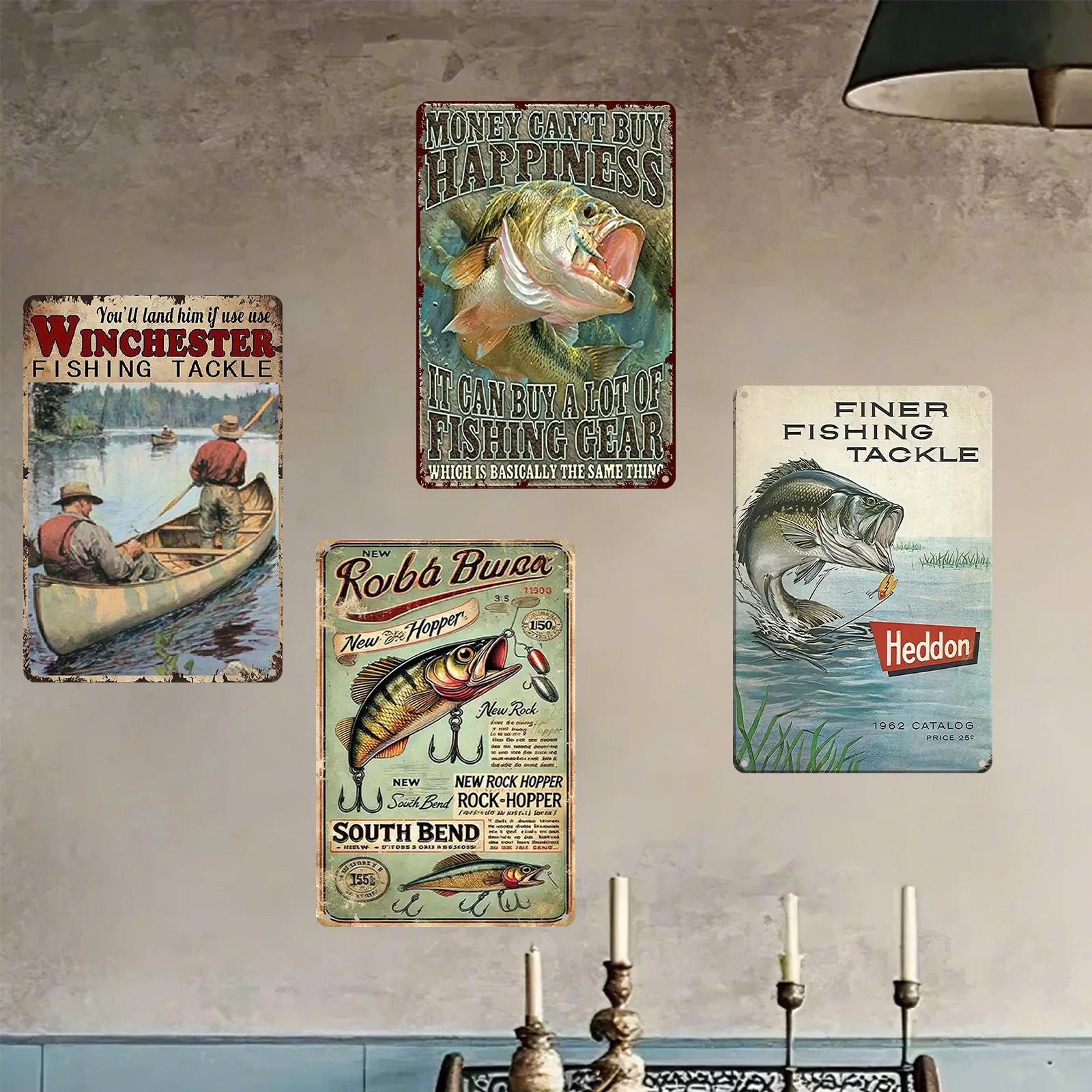 Vintage Fishing Metal Sign Set: Rustic Angler Wall Decor - 8x12