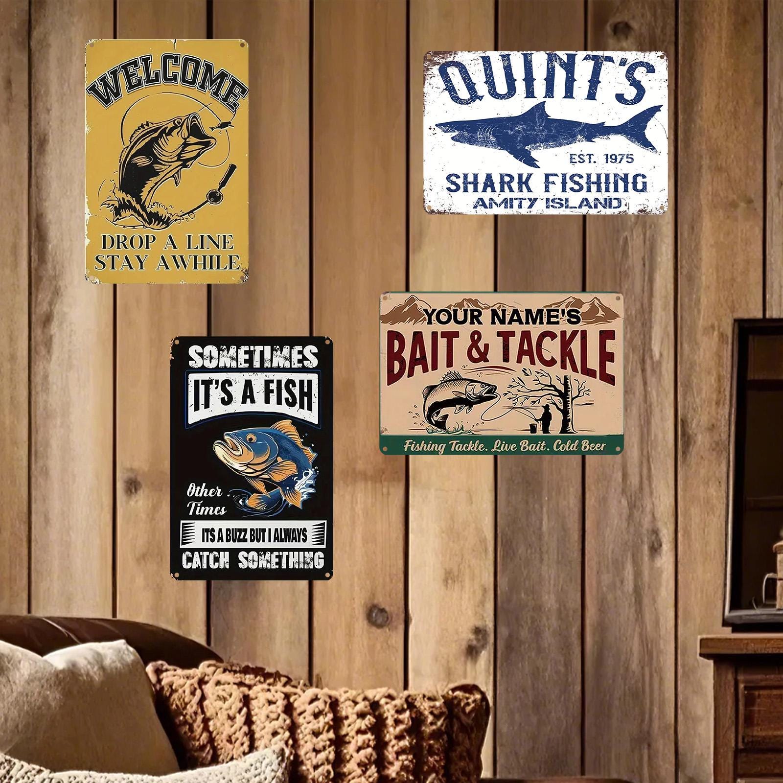 Vintage Fishing Metal Sign: Bait & Tackle, Rustic Lake Cabin Decor (8x12)