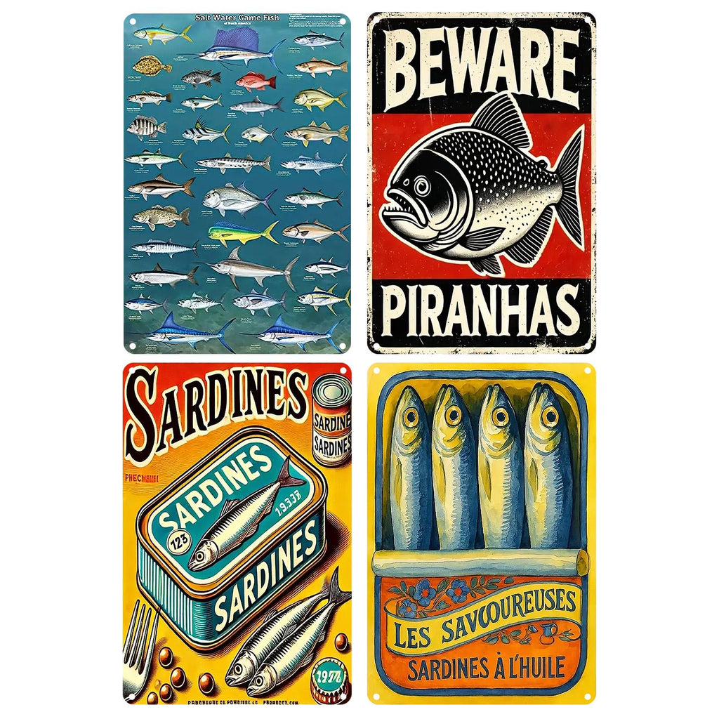 Vintage Fish Metal Sign: Piranha Warning Poster, Retro Kitchen Art