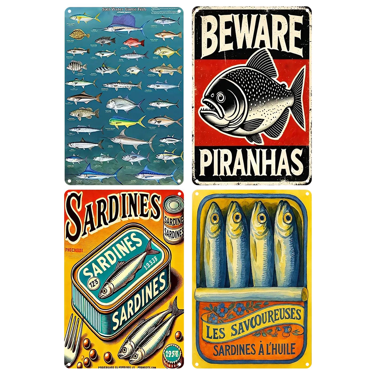 Vintage Fish Metal Sign: Piranha Warning Poster, Retro Kitchen Art