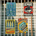 Vintage Fish Metal Sign: Piranha Warning Poster, Retro Kitchen Art