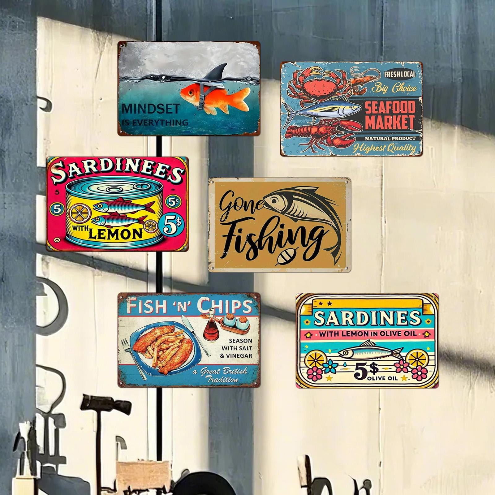 Retro Seafood Tin Sign: Fish Market, Sardines, & Chips Decor