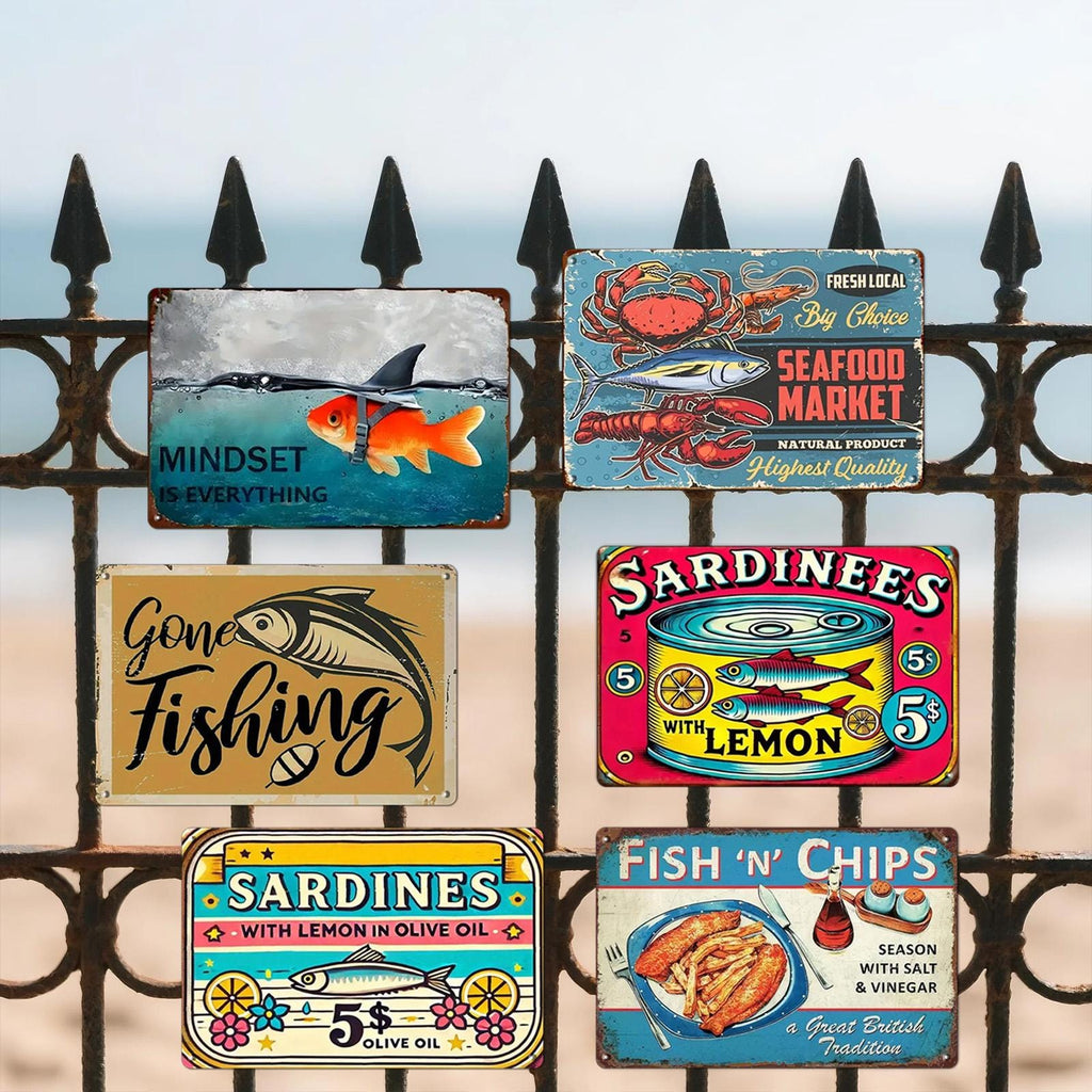 Enseigne rétro en métal Fruits de mer | Décoration Poissonnerie, Sardines et Frites