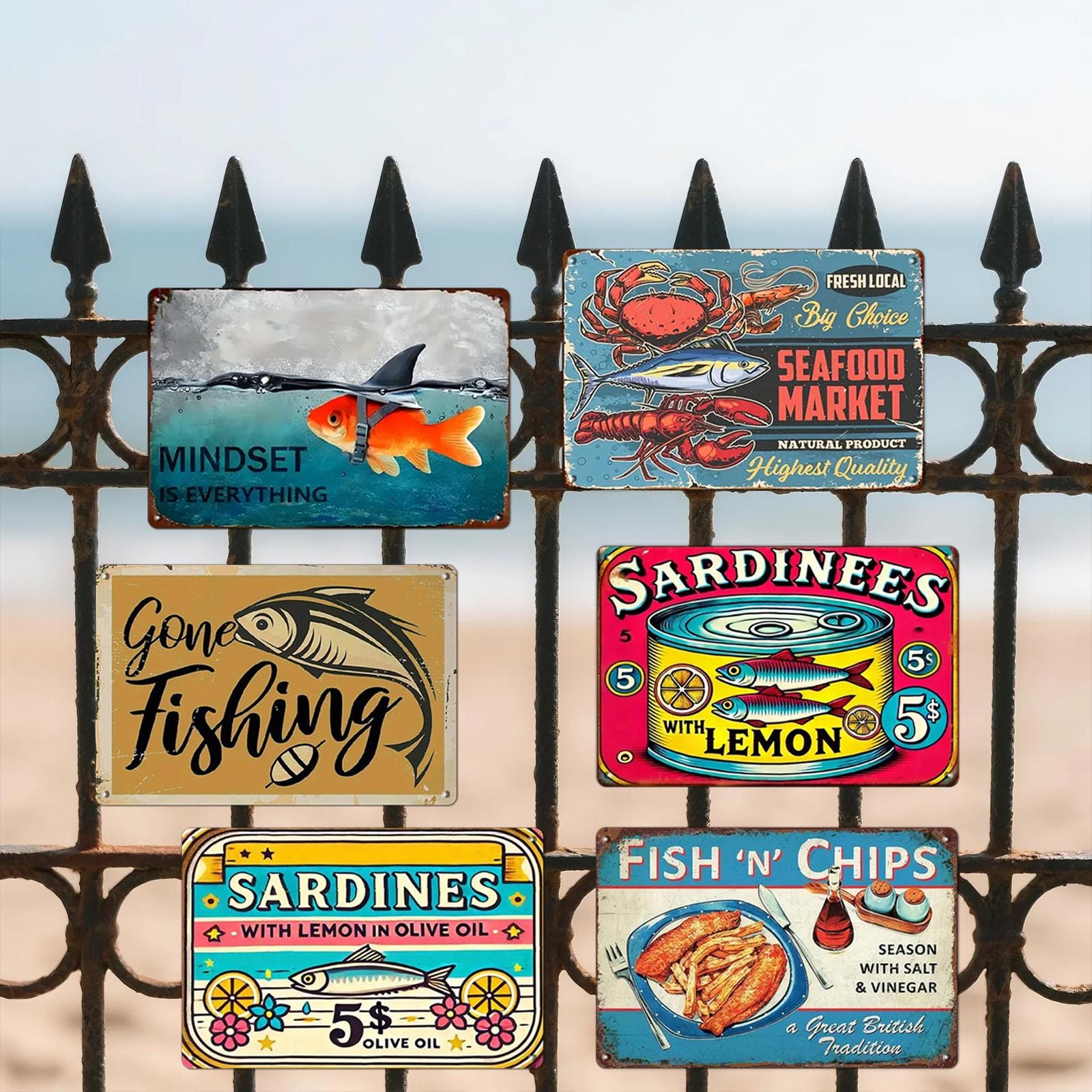 Retro Seafood Tin Sign: Fish Market, Sardines, & Chips Decor