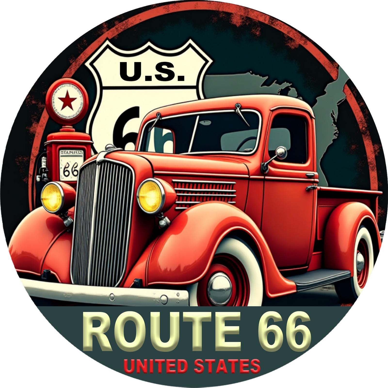 Vintage Route 66 Metal Sign: Retro Red Truck Garage Plaque