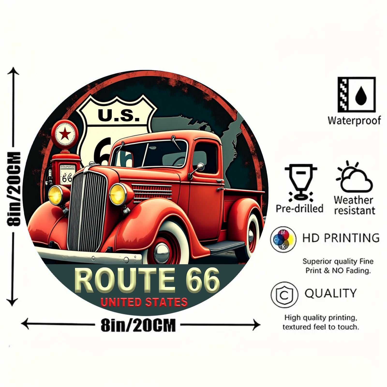 Vintage Route 66 Metal Sign: Retro Red Truck Garage Plaque