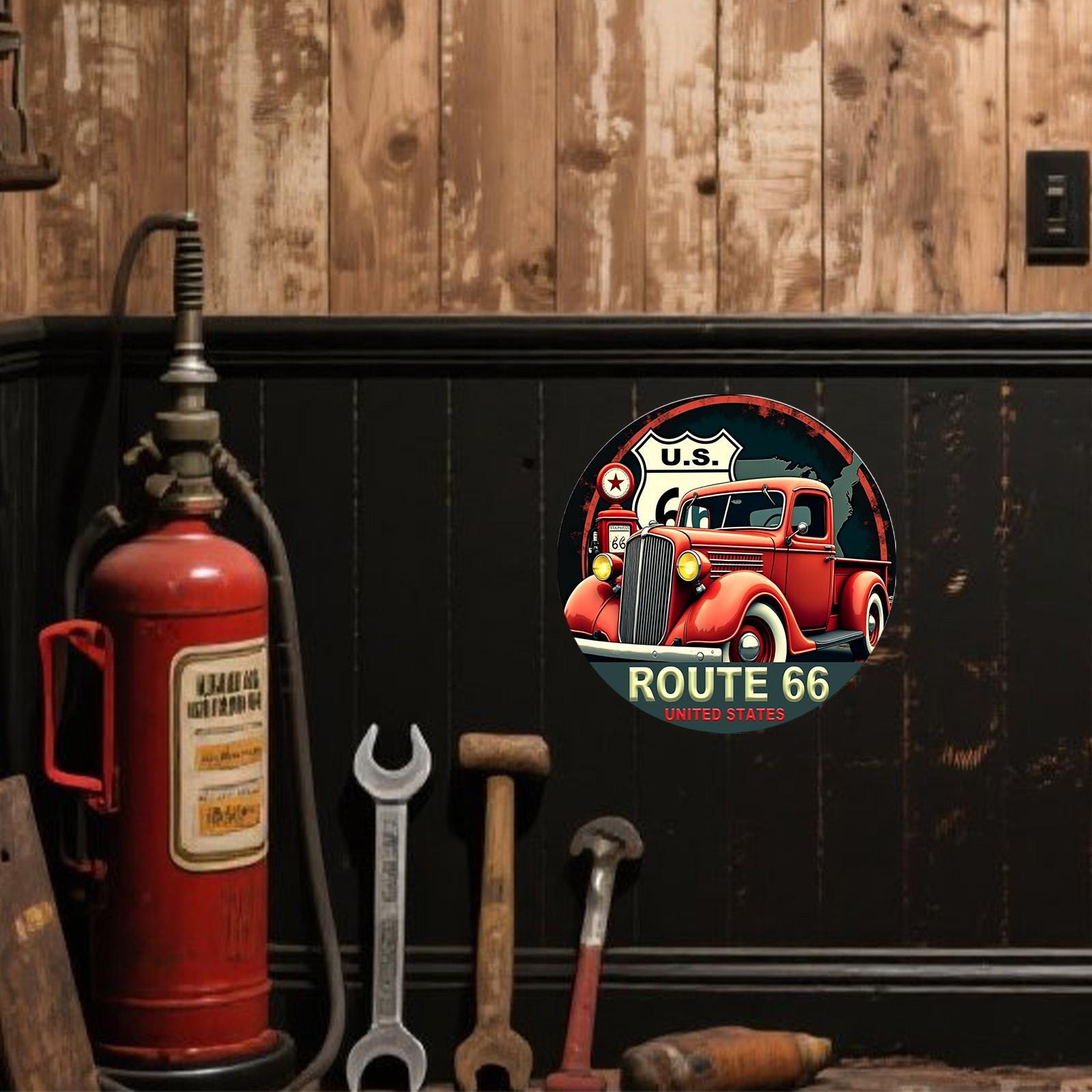 Vintage Route 66 Metal Sign: Retro Red Truck Garage Plaque