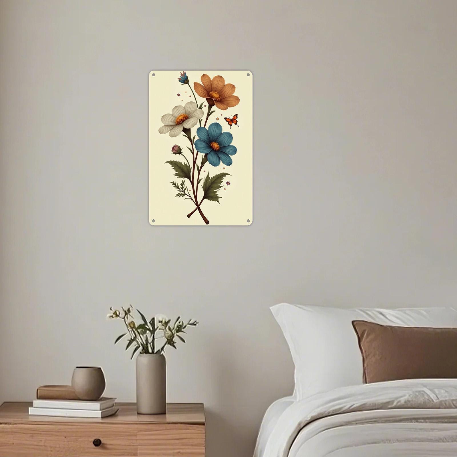 Vintage Blechschild Botanik | Blumen und Schmetterling Wandkunst