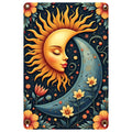Celestial Sun and Moon Metal Wall Art: Boho Floral Tin Sign